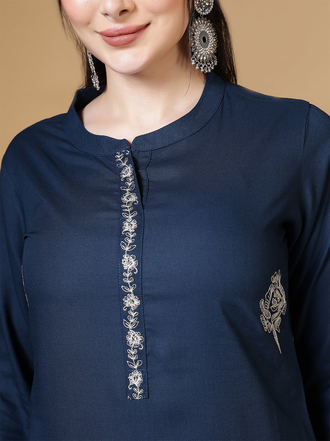 Embroidered Straight Kuta Set with Pant & Dupatta
