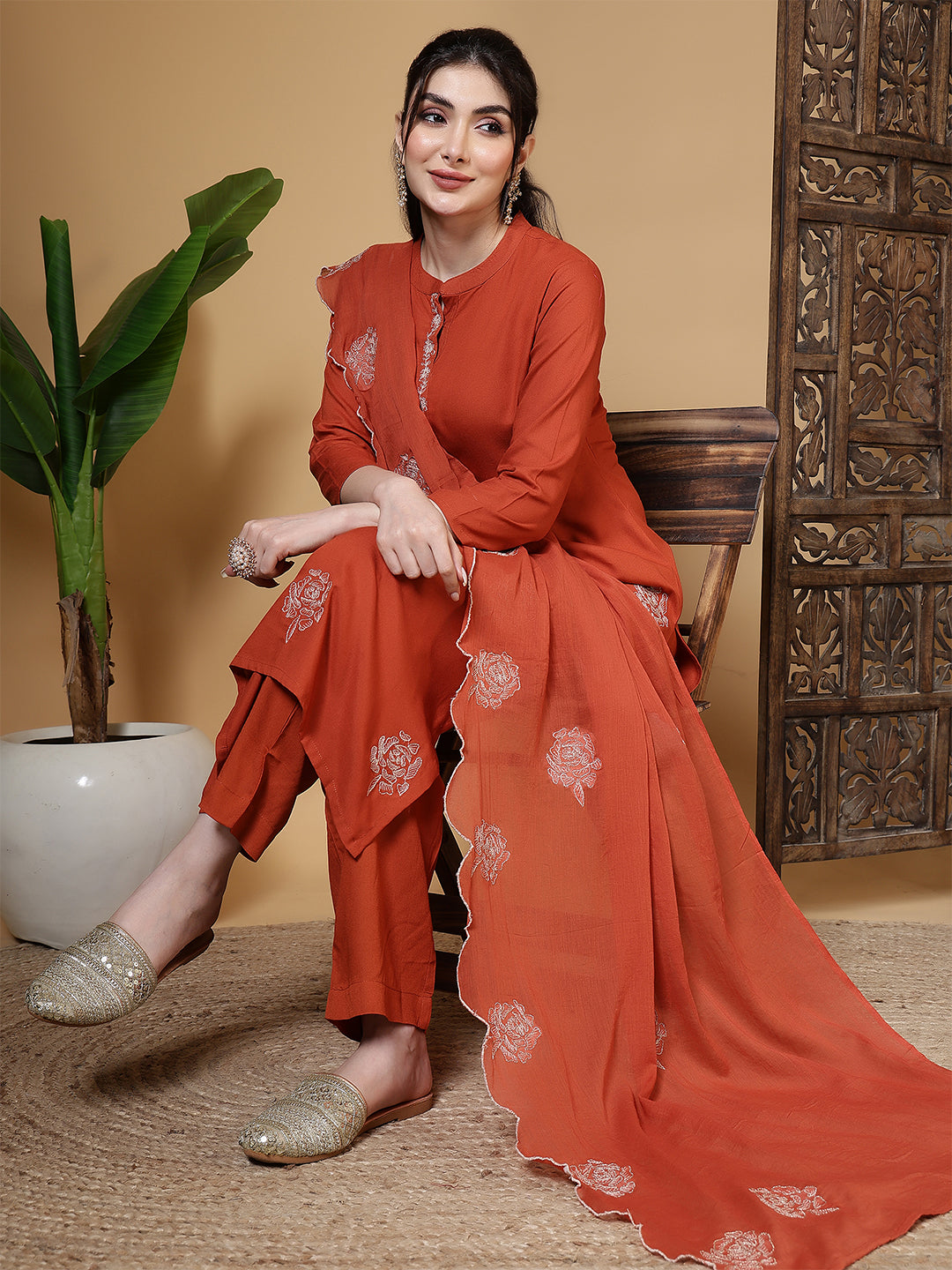 Embroidered Straight Collar Neck Kuta Set with Pant & Dupatta
