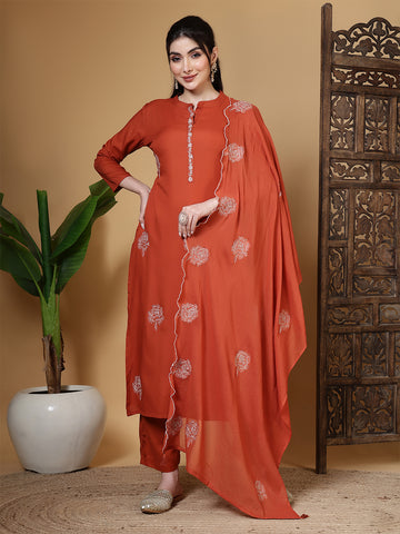 Embroidered Straight Collar Neck Kuta Set with Pant & Dupatta
