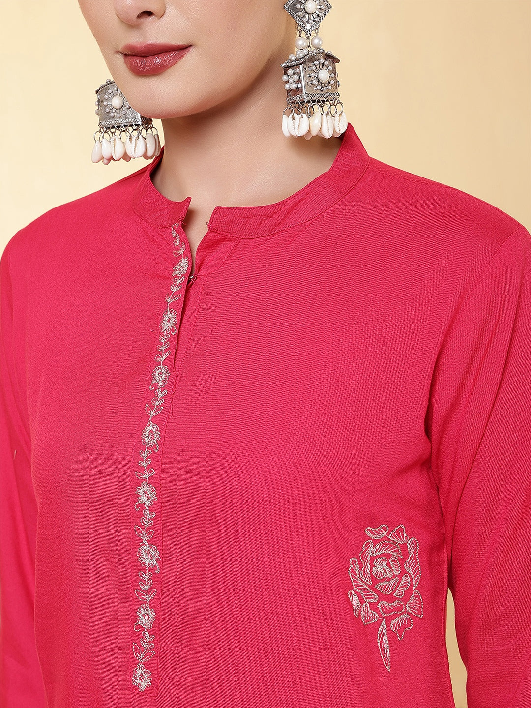 Embroidered Straight Collar Neck Kuta Set with Pant & Dupatta
