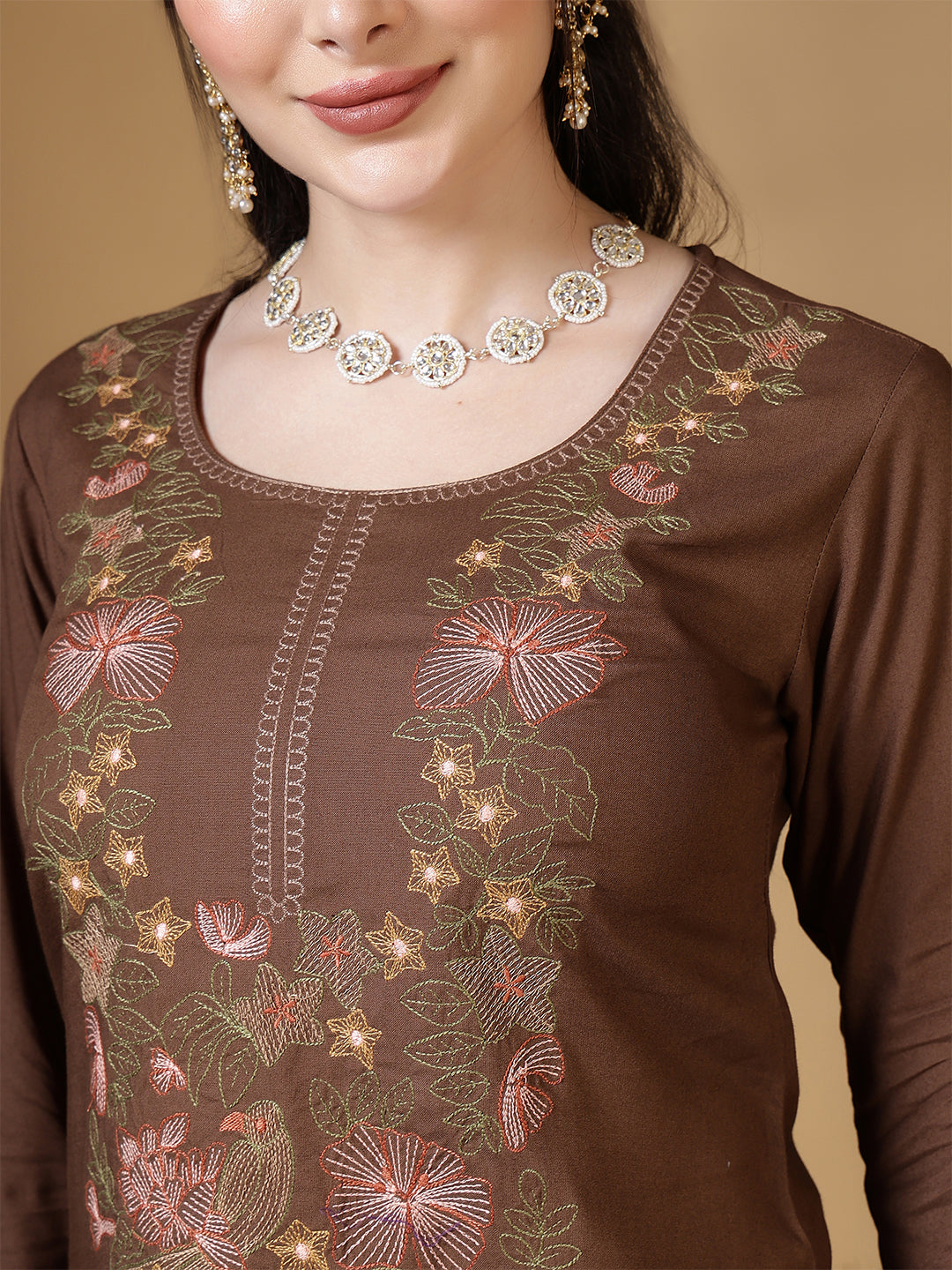 Embroidered Straight Kuta Set with Pant & Dupatta