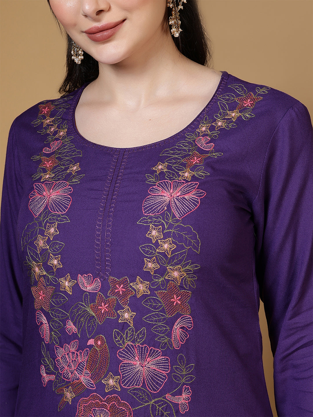 Embroidered Straight Kuta Set with Pant & Dupatta