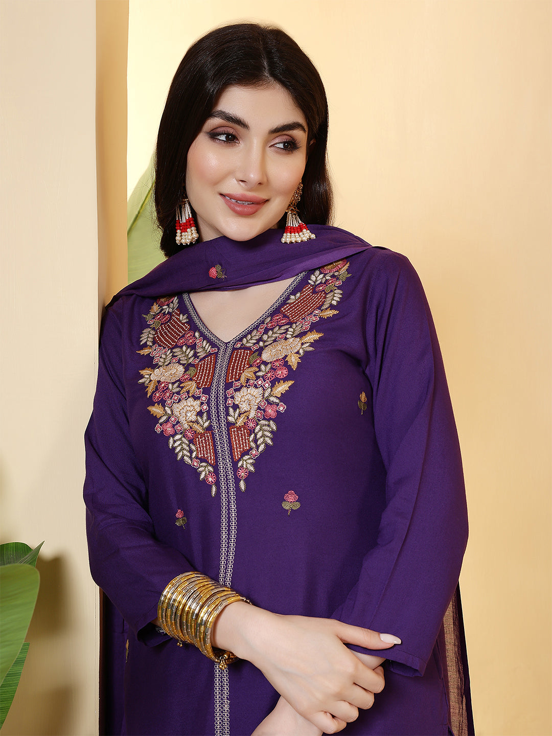 Embroidered Straight Kuta Set with Pant & Dupatta