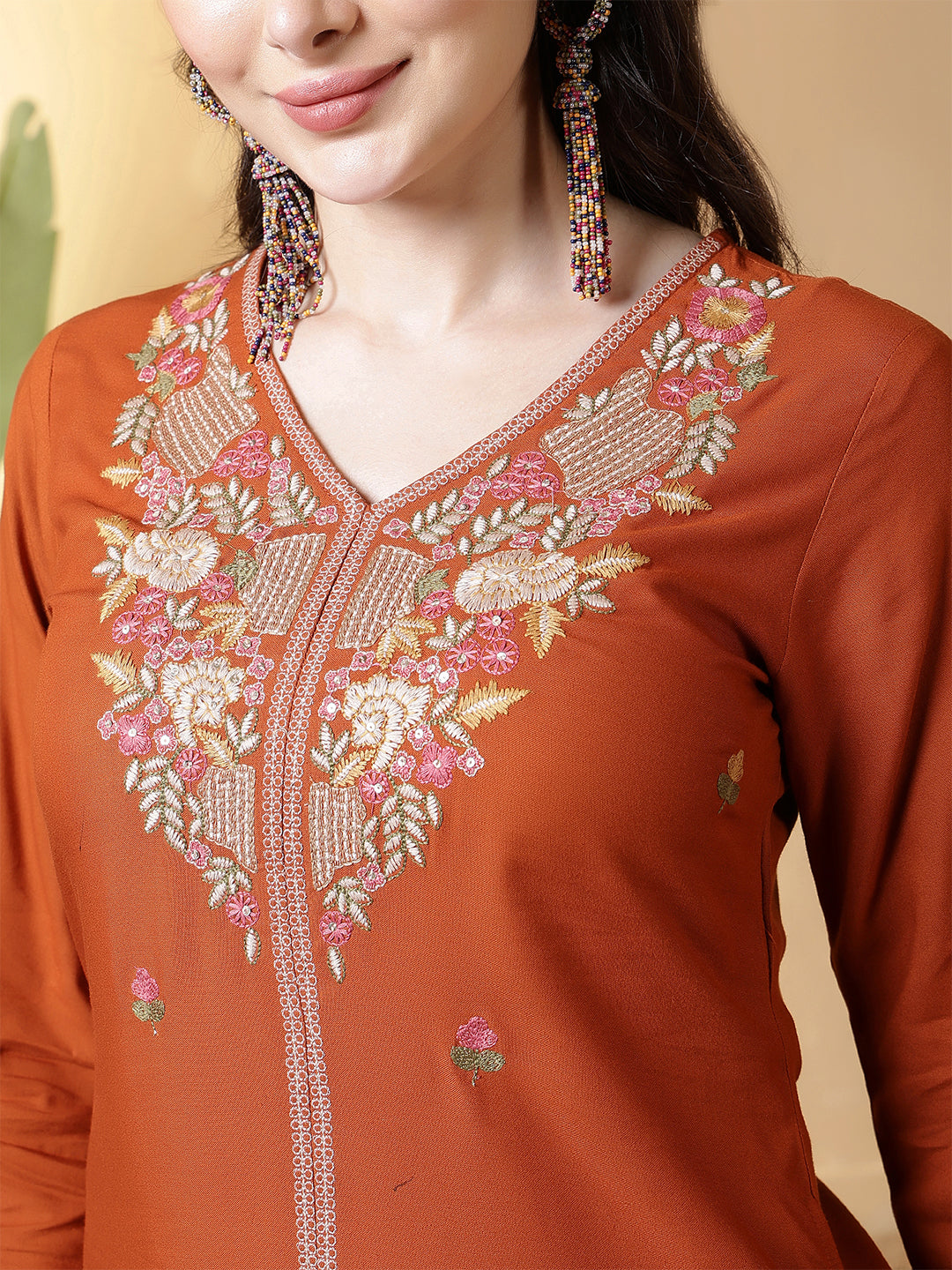 Embroidered Straight Kuta Set with Pant & Dupatta